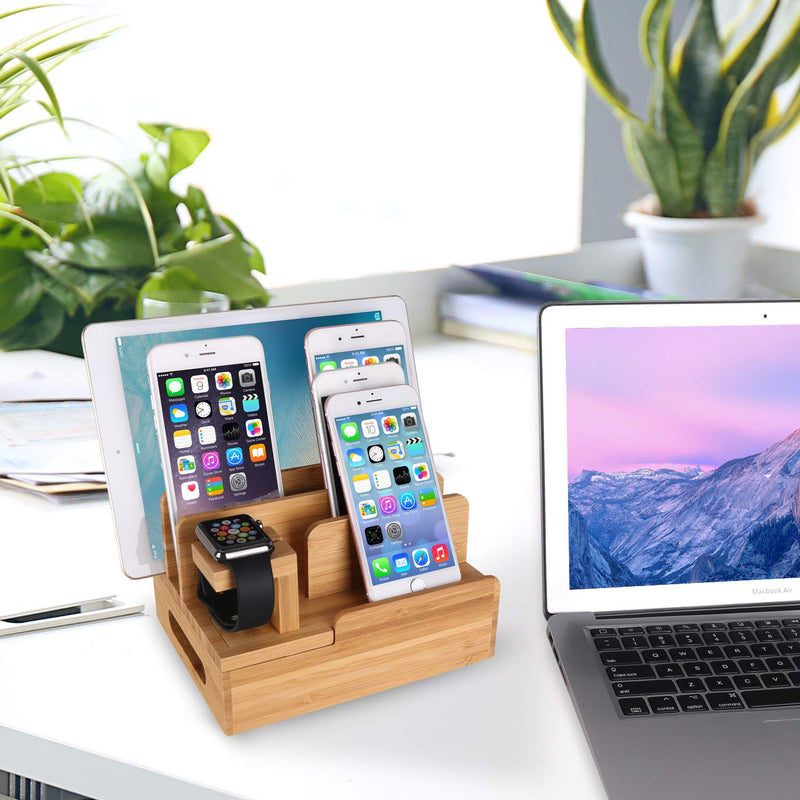 Bamboo Wood Multi-Device Desktop Charging Dock Station Charger Holder Cradle Charge Stand Compatible iPhone 16 15 14 13 Pro Max iPad Mini Pro Air Apple Watch Ulrta 10 9 8 7 6 5 4 3 2 iWatch Smartphone Medium