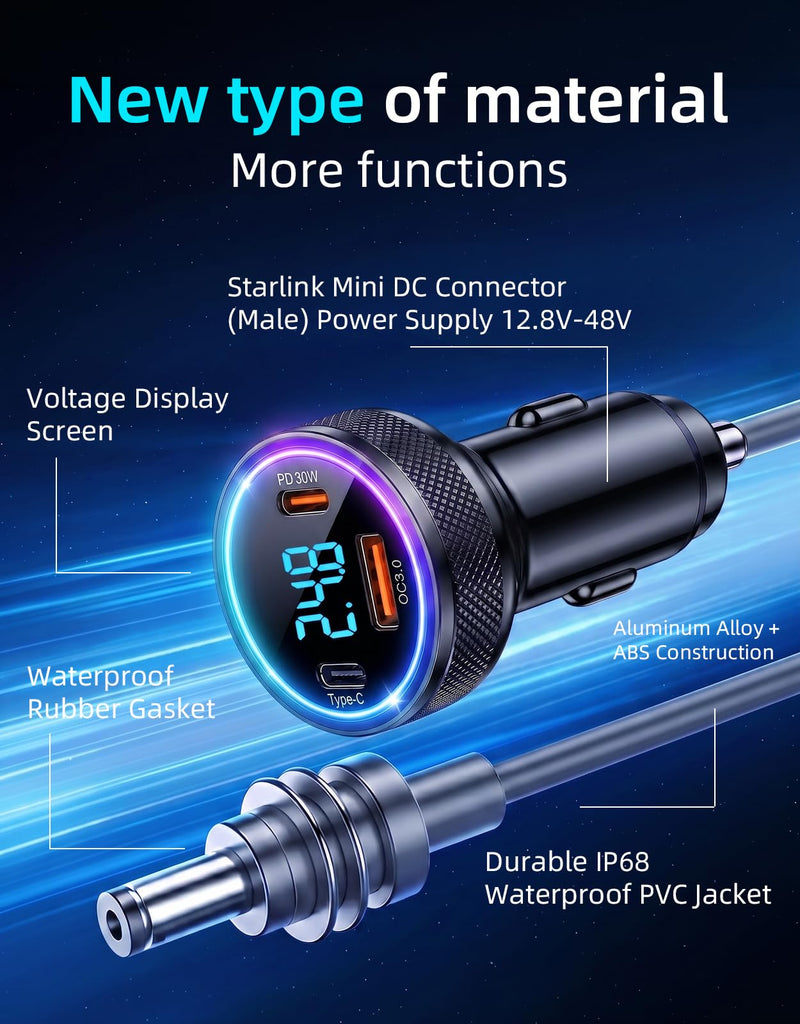 4-in-1 Starlink Mini Car Adapter, 10FT Starlink Mini Power Cable | 12V-24V cigarette lighter adapter with voltage display, dual 45W USB-C PD and 35W USB-A ports for cars, trucks and RVs Black