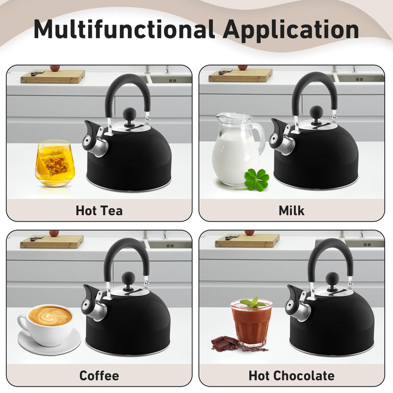 Lily's Home 2 Quart Stainless Steel Whistling Tea Kettle, the Perfect Stovetop Tea and Water Boilers for Your Home, Dorm, Condo or Apartment. (Black) Black(2 Quarts)
