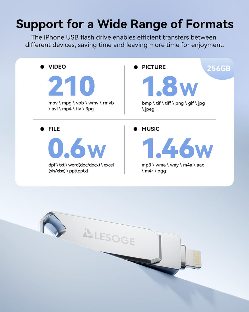MFi Certified 256GB Flash Drive for iPhone Photo Stick Thumb Drive, USB Memory Stick iPhone Flash Drive for Photos Videos, High Speed Jump Drive External Storage for iPhone/iPad/Android/PC (Silver) Light Grey