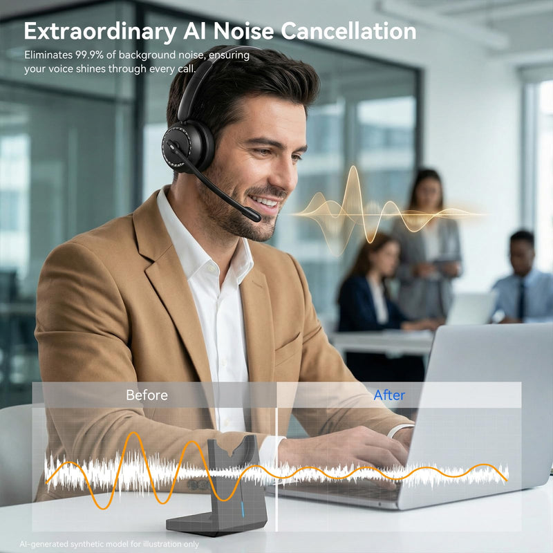 Wireless Headset with Mic for Clear Work Calls, Bluetooth 5.2 Headset with Noise Cancelling Microphone & Mute Button, 40H Talk Time for Zoom Teams, Home Office, PC Mac Laptop Phone (Glossy Black) Glossy Black