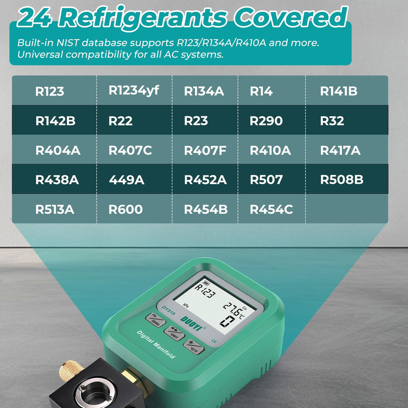 DUOYI DY519 3-in-1 HVAC Digital Manifold Vacuum Gauge Refrigerant Charging, Vacuum Testing & Leak Detection 24 Refrigerant NIST Compatible High Precision Pressure Meter for AC Pros & DIYers