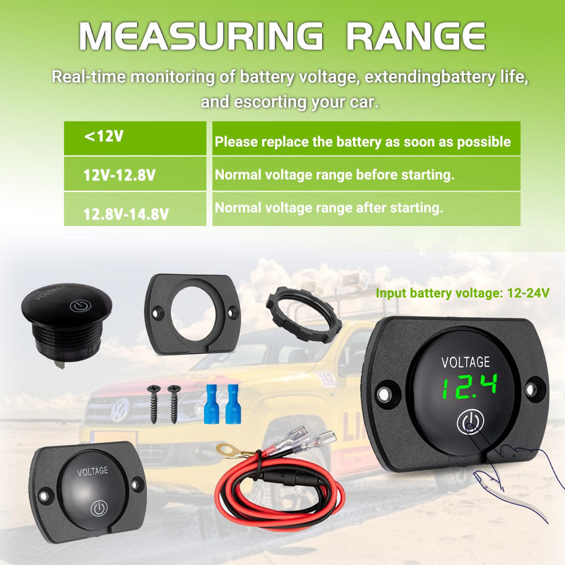 2 Pack DC 12V 24V Volt Meter Battery Voltage Gauge Digital Gauge Waterproof Voltmeter with Touch Switch and Mounting Plate Round for Boat Marine Motorcycle Truck(Green Light) Green