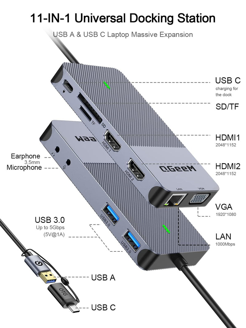 QGeeM USB 3.0 Laptop Docking Station, Triple Display USB Hub Hdmi Splitter Extender Dual Monitor,USB Dock with 2 HDMI, VGA, USB 3.0, Card Reder Compatible for MacBook M1 M2 M3 M4 Dell HP Lenovo Mac OS Classic Grey