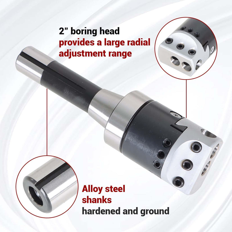 findmall 2" Boring Head R8 Shank Boring Tool Set, 9pcs 1/2" Carbide Boring Bar Set Milling Fit for Milling Machine, Thread 7/16-20"