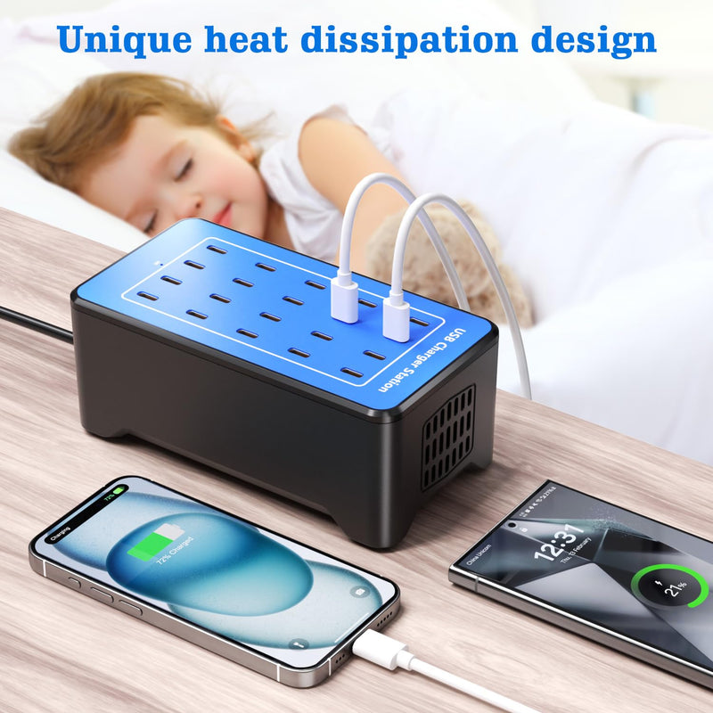 USB C Charging Station, USB C Charger Block for iPhone, Android, Smartphone, Tablet, Samsung, AirPods, and Smart Watch Multiple Devices, 20-Port 100W Multi Port Desktop Charger Blue-20 port