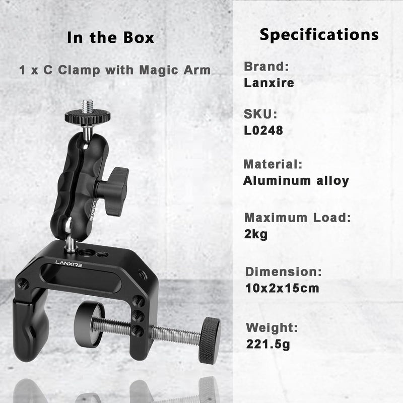 Camera Mount Clamp with Mini Magic Arm - 1/4" and 3/8" Threaded Holes - for Camera, Action Camera, Flash, Light, Microphone, Camera Clamp Adapter for Canon, Nikon, Sony, Panasonic, Blackmagic