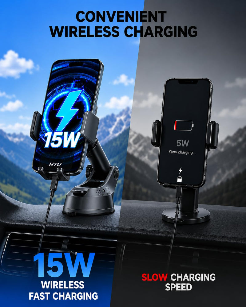2026 Upgraded Wireless Car Charger Mount, 【Strongest Suction & Military-Grade Certs】 15W Fast Charging Auto-Clamping Phone Holder for Dash Windshield Air Vent, Fit for iPhone & Android, Jet Black