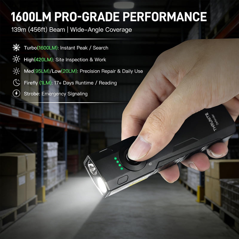 ThruNite Defender EDC Flat Flashlight with White LED, Green Beam & UV, 1600 Lumens USB-C Rechargeable Pocket Flashlight, Magnetic Base, IPX7 Waterproof for Home, Work, Camping & Emergency