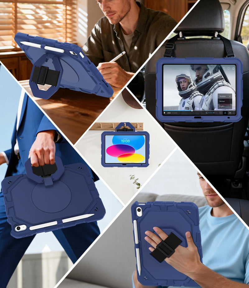 iPad A16 11th & 10th Gen Case with Screen Protector and Strap, Blue | 360° Rotating Stand, Removable Adjustable Shoulder Strap & Hand Strap, Pencil Holder, Handle for Carrying, Heavy Duty Case Navy Blue