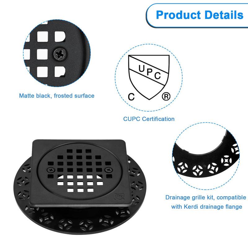 4 Inch Drain Grate Kit Compatible with Schluter Kerdi-Drain Flange Square Shower Floor Drain SS304 Stainless Steel and ABS Material - CUPC Certification, Matte Black