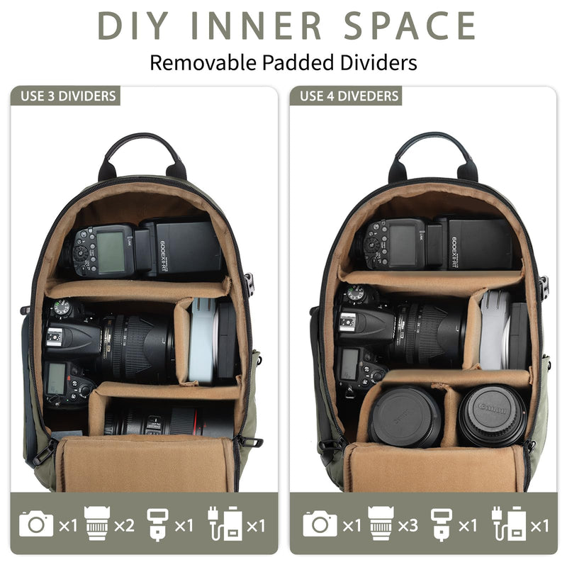 TAAOKA Camera Sling Bag, DSLR/SLR/Mirrorless Camera Backpack Case Shockproof Photography Backpack with Tripod Holder & Removable Modular Inserts Compatible with Canon/Nikon/Sony/Fuji Green Medium 9.06 x 5.12 x 15.16 inches