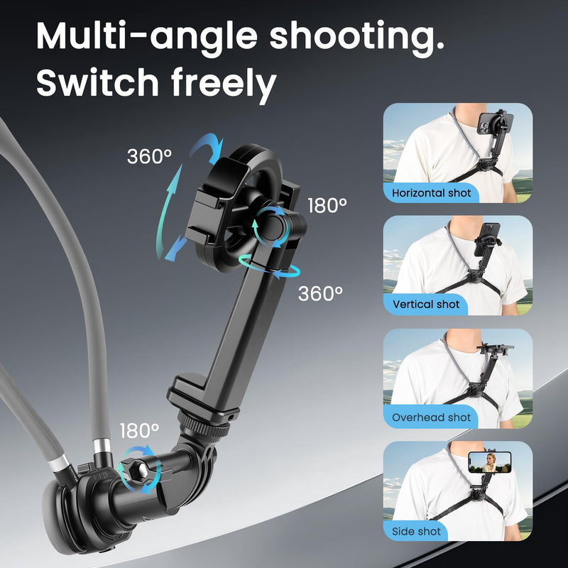 Magnetic Neck Mount for Phones, Neck Camera Mount for GoPro Insta360, Gray | 2-in-1 Magnetic & Clip-on Neck Phone Holder, Multi-angle Adjustment for Hands-free POV Shooting, with Chest Strap & 1/4" Head