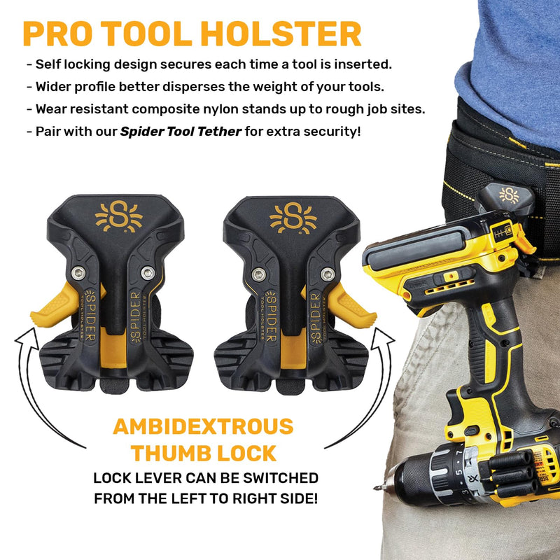 Spider Pro Tool Holster + Fall Prevention Tool Tether + 1 Pro Grip + 1 Drill Pin + 1 Adhesive Tab - Upgraded, Belt Mounted, Self Locking Holder System for Any Device