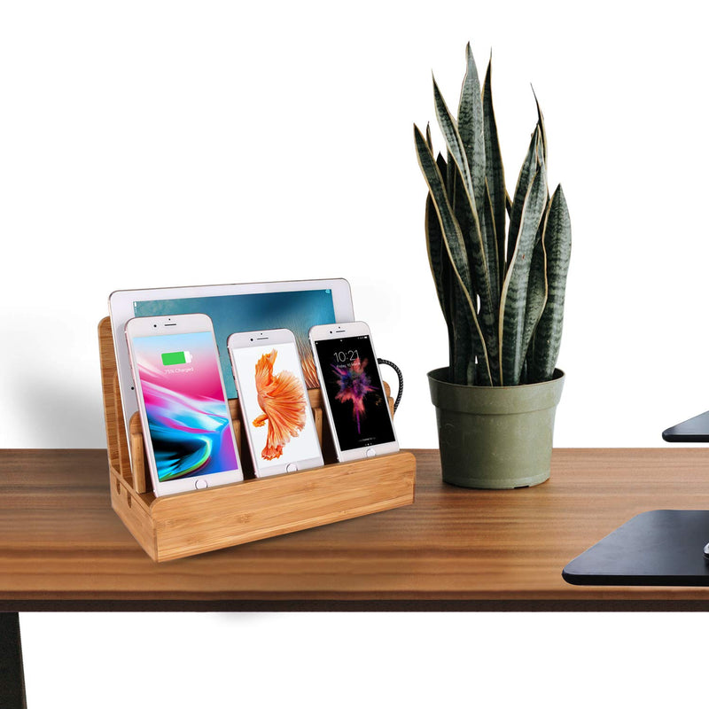 Bamboo Wood Multi-Device Desktop Charging Dock Station Charger Holder Cradle Stand Compatible for iPhone 16 15 14 13 12 11 Pro Max iPad mini Pro Air Laptop Tablets Samsung LG Sony Smartphones Large