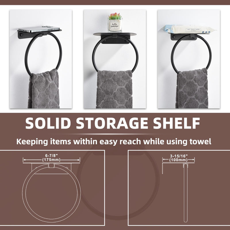 APLusee Matte Black Bath Towel Ring with Shelf, Stainless Steel Towel Holder, Wall Mount