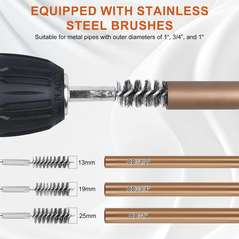 1/2" & 3/4" & 1" Metal Copper Pipe Cleaner for Drill, with 1/4" Hex Shank & 6 Brush Blades & 6 Pipe Cleaning Brushes, Plumbing Tools for Cleaning, Polishing & Removing Rust