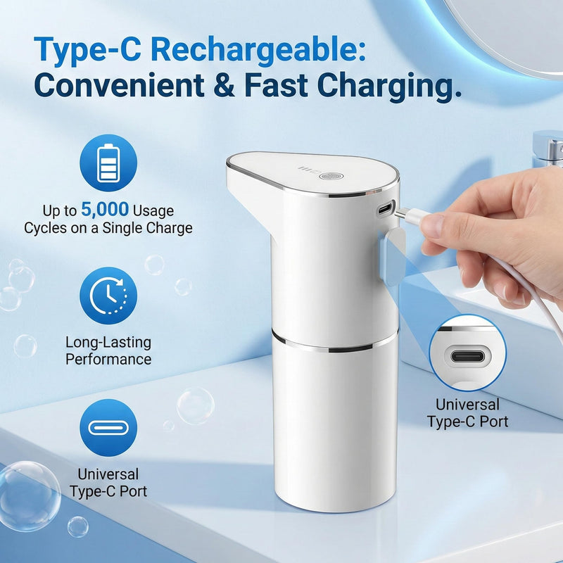 Automatic-Foaming-Soap-Dispenser-Touchless,Type C Rechargeable White Hand Soap Dispenser 13oz/350ml with 3 Foam Levels Wall Mounted & Countertop Design for Kitchen Bathroom IPX5 Waterproof