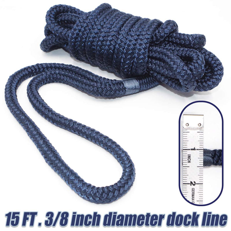 2 Pack Premium Navy Blue Dock Lines - 15' / 25'/35' with Eyelet.Double Braided Nylon Dock Line/ 3/8" x 15 FT