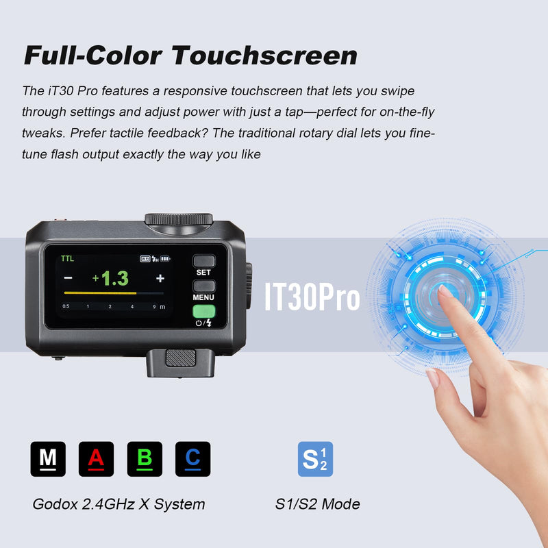 GODOX IT30Pro C TTL Mini Flash Kit Portable IT30ProC with White Diffuser for Canon 2.8" Full-Color Touchscreen Speedlite HSS 1/8000s 2.4G Wireless X System Trigger for Godox Flash(Black) Black