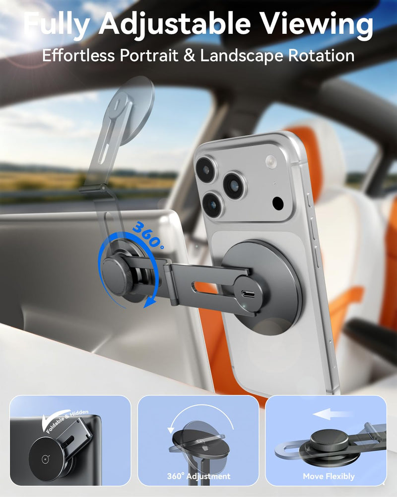 15W Wireless Charger Phone Mount for Tesla, Foldable & Extendable Metal Car Holder with Strong N55 Magnet, 360° Adjustable Stand for Tesla Model 3/Y/S/X/Cybertruck, Only Design for MagSafe