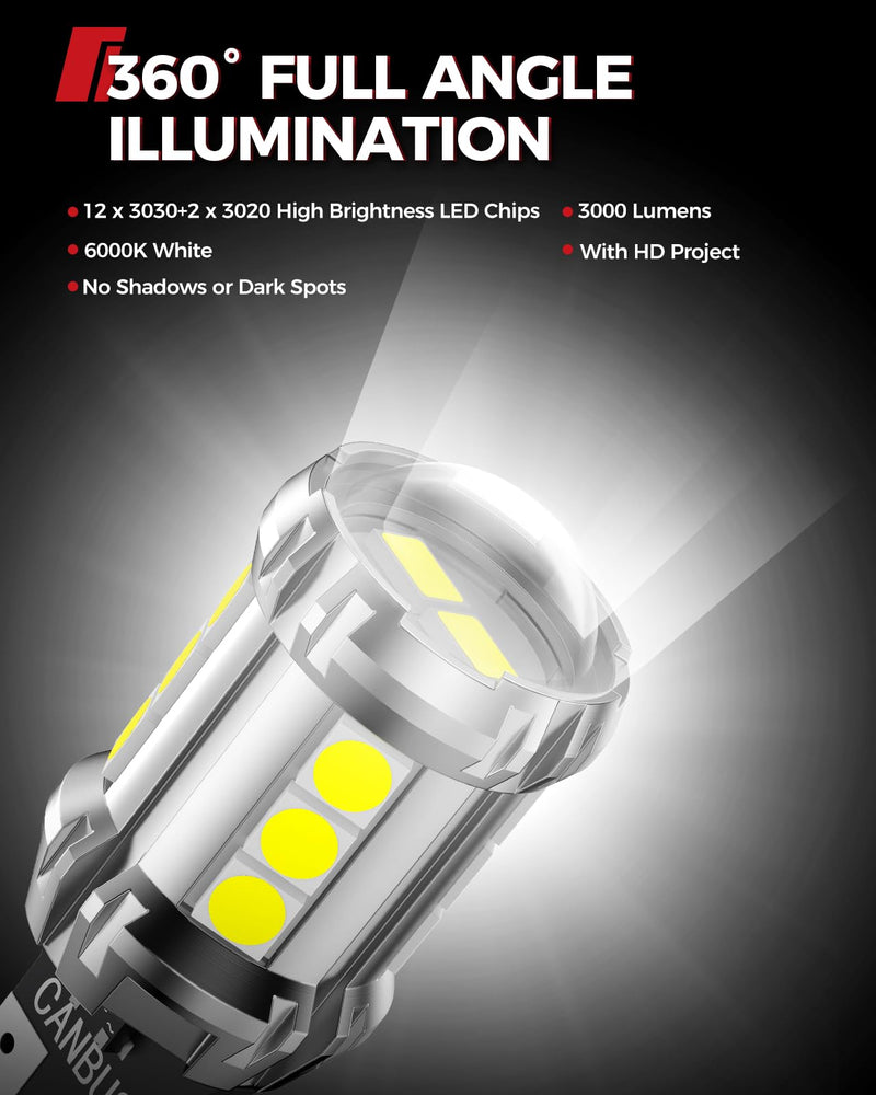 Torchbeam 912 921 LED Reverse Light Bulb, T15 LED Reverse Light Bulb Super Bright 360° 3030SMD Canbus Error Free, 906 904 916 W16W Replacement 921 Bulbs 6000K White, Pack of 2 TU2 Series 921/912