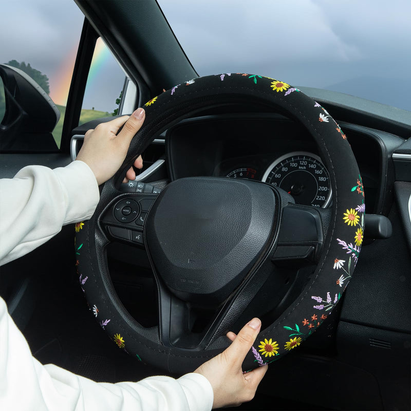  [AUSTRALIA] - Embroidered Sunflower Lavender Cute Black Steering Wheel Cover, Auto Anti-Slip Breathable Steering Wheel Protector, Butterfly Floral Car Accessories for Women,Universal Size Fit Most Cars -15 inch