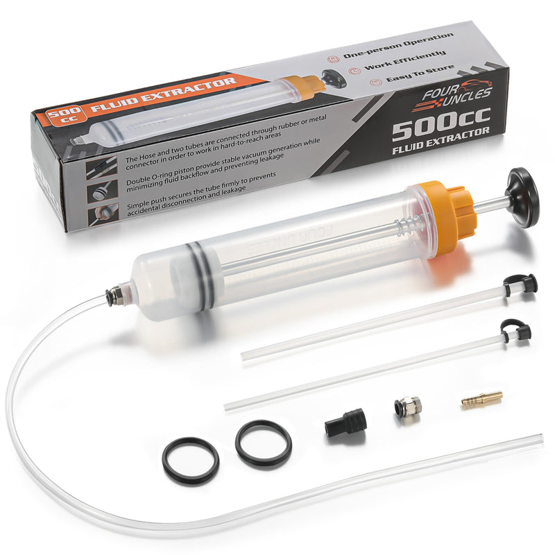 FOUR UNCLES 500cc Fluid Extractor & Fill Pump for Automotive Use - Oil Syringe with a 28" Hose & Two 12" Extension Tubes for Easy Oil Change