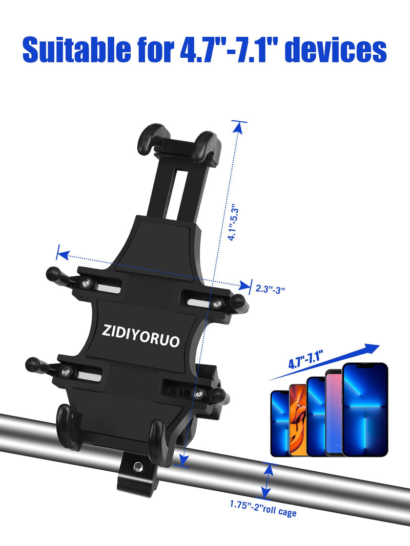 UTV Phone Holder, Aluminum Alloy Heavy Duty Cell Phone Mount for UTV/SXS,360° Adjustable Mounting Bracket Fits 1.75”-2” Roll Cage, 8 Claws Tightly Hold iPhones or 4.7”-7.1" Devices