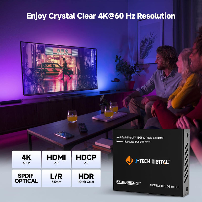 J-Tech Digital 4K HDMI Audio Extractor, 4K@60Hz 1080P@120Hz 1080P@144Hz HDMI to Optical, 3.5mm Audio Converter Adapter, SPDIF, HDR10 CEC Digital Audio, DTS 5.1, [JTD18G-H5CHV2] 4K60 Audio Extractor