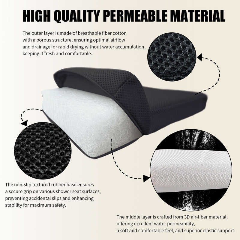 2 Pack Shower Bench Cushion, Soft Chair Pad for Elderly Bathing, Easy to Clean & Quick Dry, 4D air Fiber Material, Suitable for Shower Seat Cushion, Bathtub Baths, Poolside Rest, Black