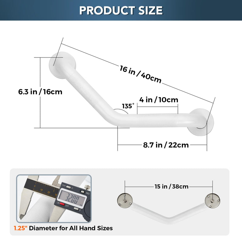 Grab Bars for Bathtubs and Showers- 1-1/4 x 16 Angled Shower Grab Bar for Seniors Knurled Stainless Steel Handicap Grab Bars for Wall (White, 1 Pack) White