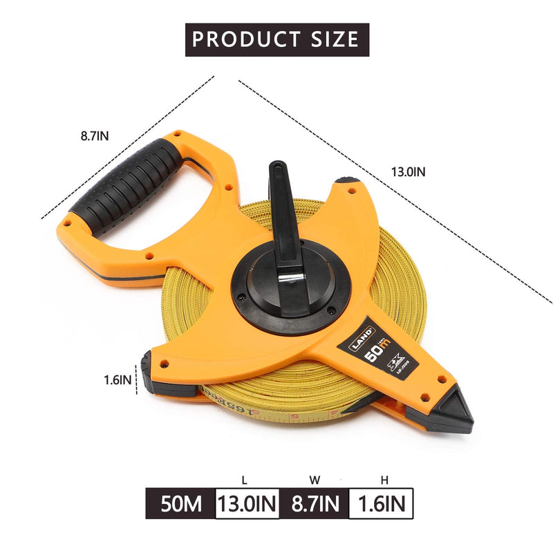 LAND 165FT/50M Heavy Duty Fiberglass Tape Measure - 1/2-Inch Wide, Dual Inch/Metric Scale, Durable Open Reel Measuring Tape for Surveying, Engineering, Runway Construction 50 m