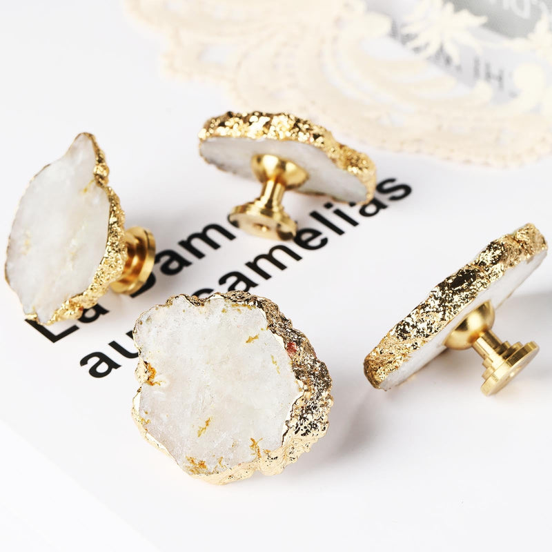 White Geode Cabinet Knobs Crystal Stone Drawer Knobs Handles Decorative Gold Plated Gemstone Cupboard Pulls for Home Office Decor 4 Pack