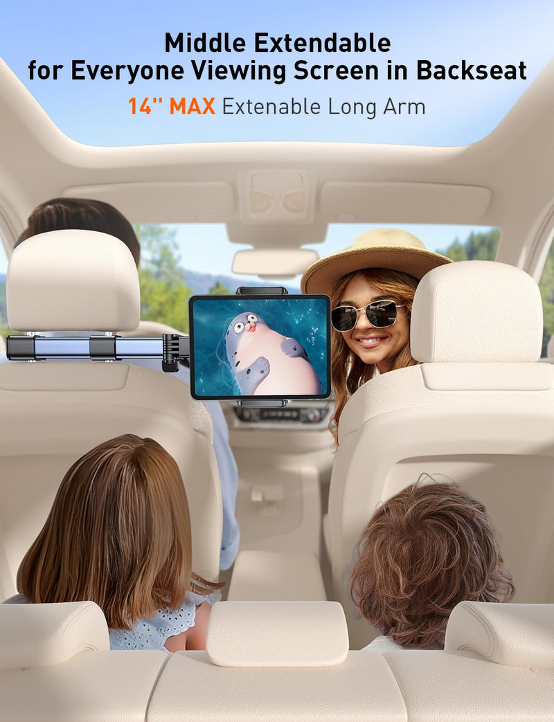 Tablet Holder Car Headrest Backseat Mount:[3 in 1 Long Arm ] Headrest Tablet Holder Fit iPad Car Mount Travel Accessory Car Tablet Holder Back Seat for Kids Adults Universal for All 4.7-12.9" Devices