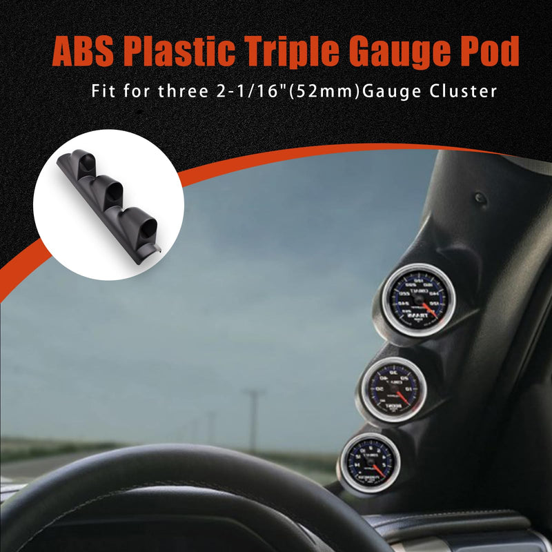 Universal Black ABS Plastic Triple Gauge Pod – Fits Most Car or Truck – Securely Mounts Three 2-1/16" (52mm) Digital Gauge Cluster on The A-Pillar