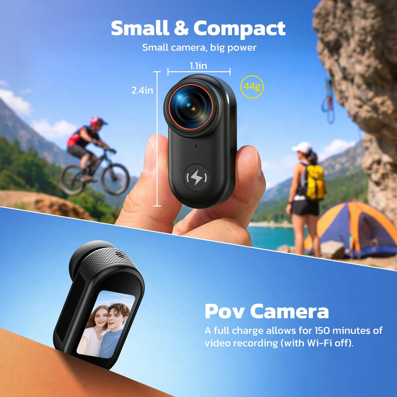 4K Mini Body Camera with 64GB Card, Thumb Action Camera Magnetic Mount 1.47" Screen, Wearable POV Camera for TikTok YouTube Vlogging Motorcycle Security Black