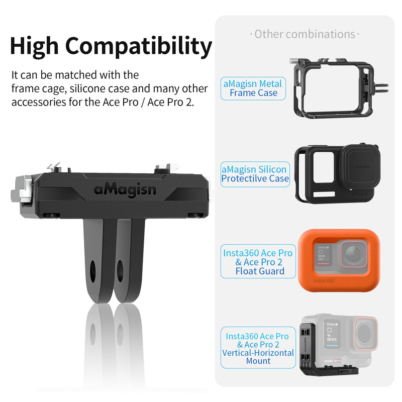 Magnetic Quick Release Mount for Insta 360 X6/X5/X4 Air/Ace Pro 2/Ace Pro/Ace, Anti-Vibration Silicone Pad for Cycling Skiing Vlog, Stainless Steel Bracket with 2 Prong & 1/4"