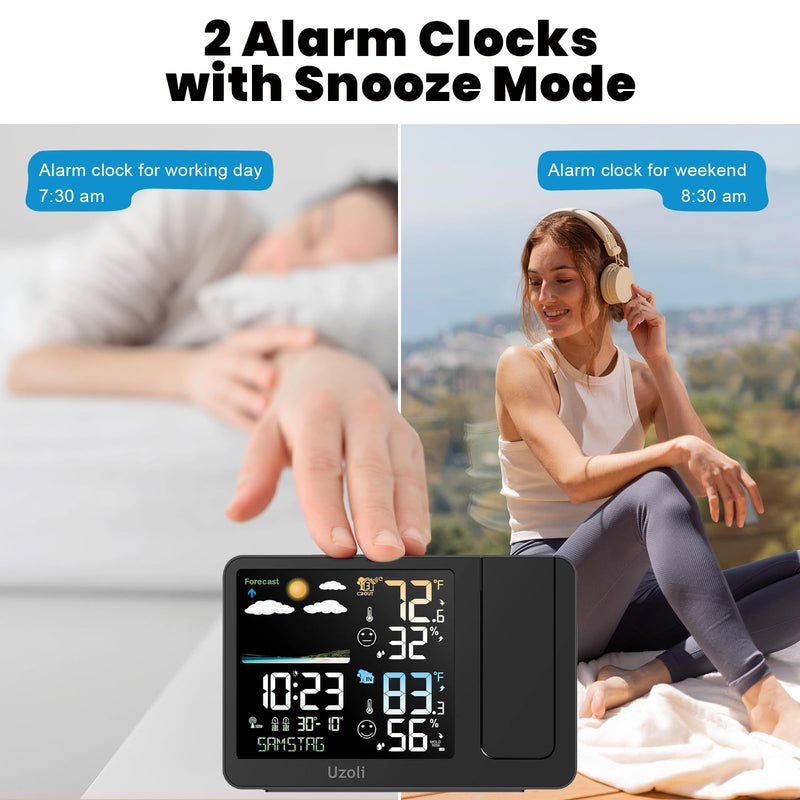 uzoli Projection Alarm Clock Weather Station, WWVB Atomic Projector Clock with Sensor, Adjustable Backlight, Indoor Outdoor Temperature Humidity, Digital Projection Clock for Bedroom Ceiling