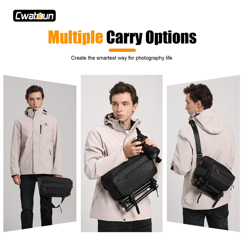 Cwatcun Camera Sling Bag, DSLR Compact Camera Shoulder Bag Crossbody | Photography Bag Case Purse for Canon Nikon Sony Fuji DSLR/SLR/Mirrorless Cameras with tripod holder Black Large