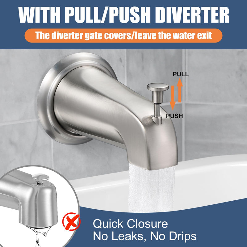 Universal Bathtub Tub Spout with Diverter, Fits 1/2" Slip-Fit Copper Pipe Connection, Pull Down Bathtub Faucet Spout Replacement, Includes Metal Cover Ring (Brushed Nickel) Brushed Nickel