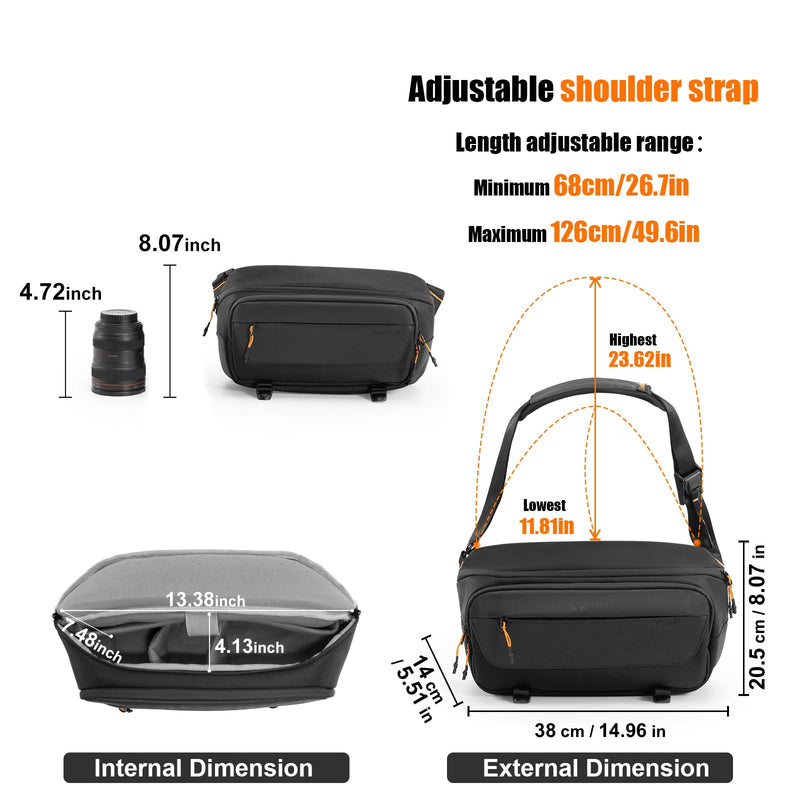 Cwatcun Camera Sling Bag, DSLR Compact Camera Shoulder Bag Crossbody | Photography Bag Case Purse for Canon Nikon Sony Fuji DSLR/SLR/Mirrorless Cameras with tripod holder Black Large
