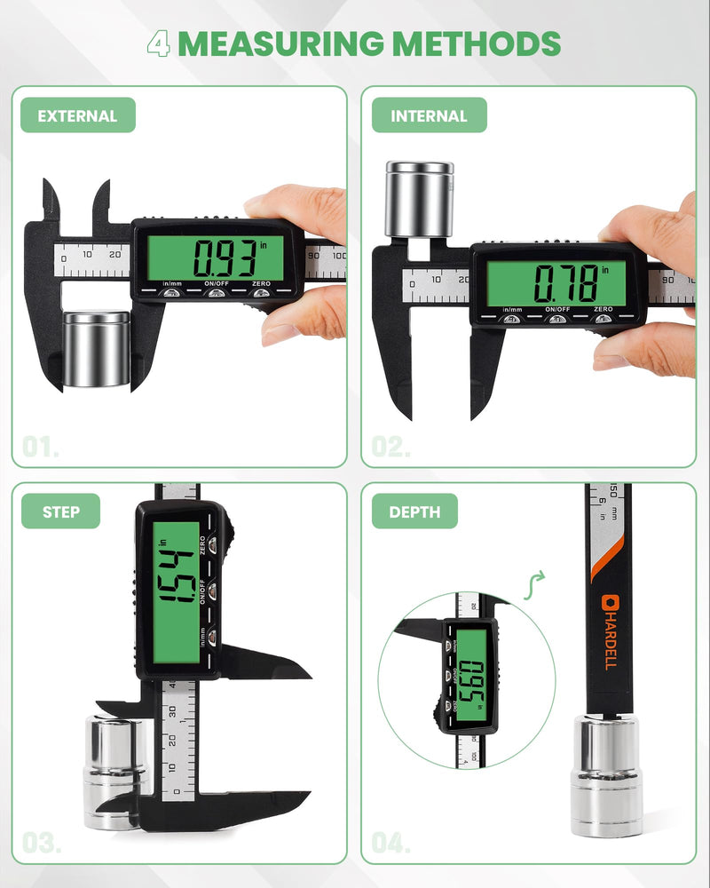 HARDELL Rechargeable Digital Caliper 6", Plastic Calipers with High-Contrast Green Screen (Non-Backlight), Inch/MM, Auto-Off - Everyday Measuring Tool for Woodworking, DIY, Jewelry Making & Household