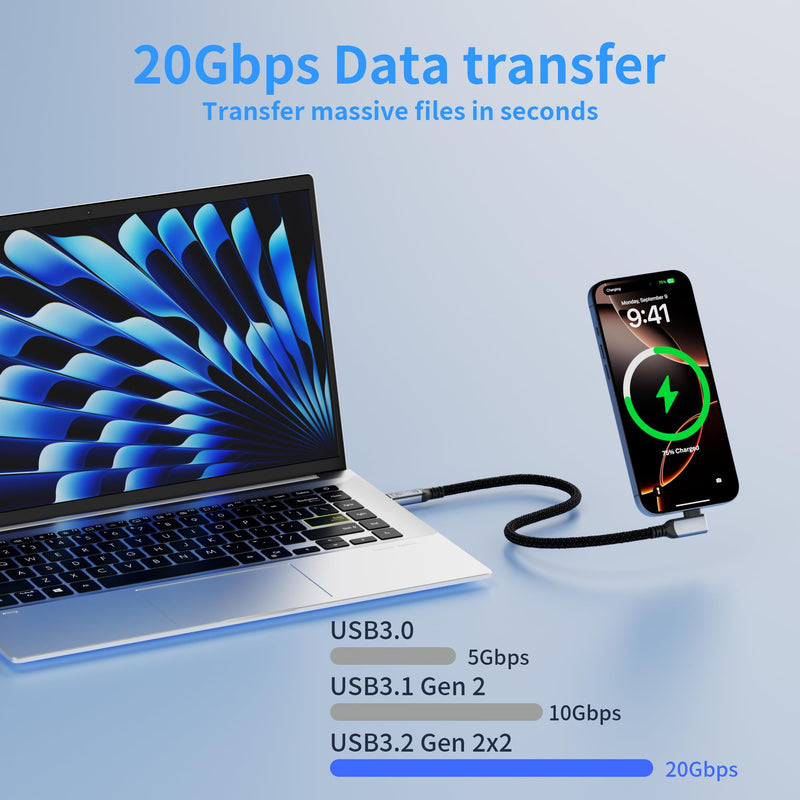 Long 16.5FT Right Angle USB C-C 3.2 Gen 2x2,20Gbps Data Transfer Cable Compatible with Thunderbolt 3,90 Degree USB-C to C Cord 100W Fast Charging,4K@120Hz Output Monitor,SSD,Docking.