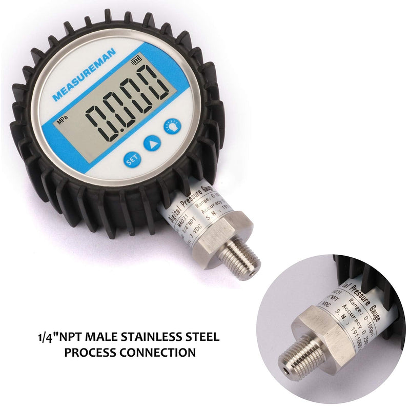 MEASUREMAN 3-1/8" Dial Size, Digital Pressure Gauge, 0-5000psi/bar/Mpa/Kpa, 1/4" NPT Lower Mount, 0.25% Accuracy