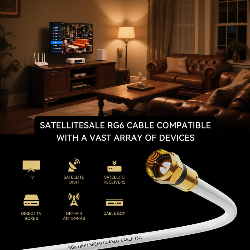 RG6 Coaxial Cable 50FT–Gold-Plated F-Type Coax Cable with Extender, Stable Signal for 4K Ultra HD TV Antenna/Internet/Satellite/Cable Modem-3ft/6ft/10ft/20ft/25ft/100ft White