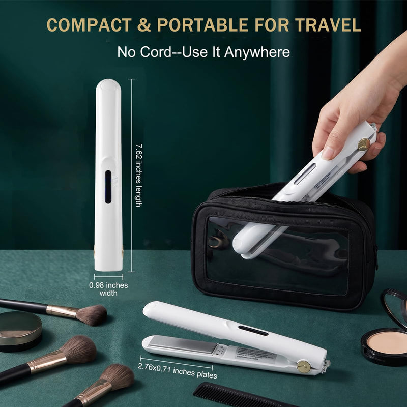 Mini Hair Straightener Rechargeable,2in1 Cordless Hair Straighteners and Curler,Mini Hair Straightener Wireless,Rechargeable Ceramic Mini Portable Curling Iron with 2600mah (White) White