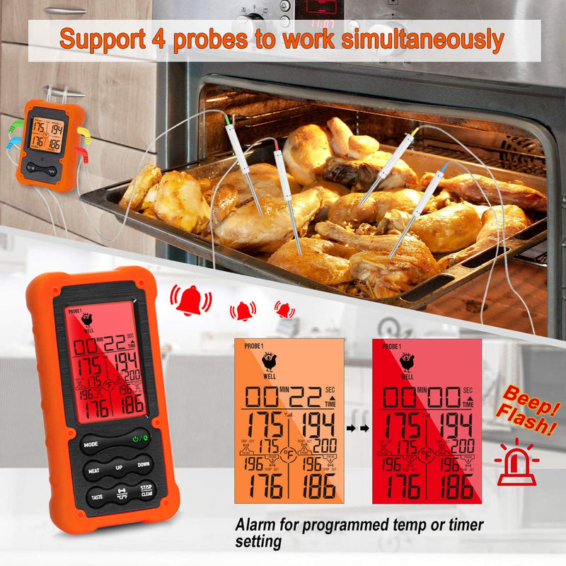 Grill Smoker BBQ Cooking Food Thermometer Oven Safe - Digital Wireless Meat Thermometer for Grilling Smoking with 4 Probes - Kitchen Baking Steak Turkey Candy Thermometers, not for Medical Purposes Orange
