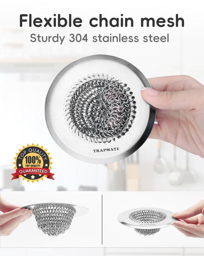 TRAPMATE 2 Pcs Kitchen Sink Drain Strainer, Stainless Steel Sink Strainer Basket with Easy Clean & Anti-Clog, Fits Garbage Disposal, Dishwasher Safe, Single & Double Bowl Sinks (Patented Product) Light Silver Silver