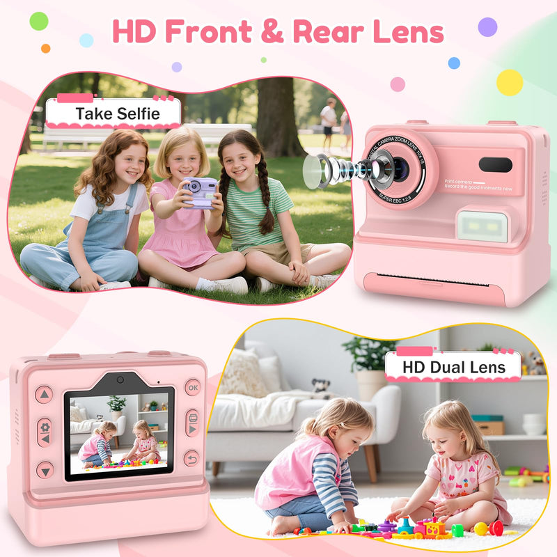 Kids Camera Instant Print, Dual-Lens Selfie Camera for Kids with 1080P Videos, 2.4 Inch Screen, 32GB SD Cards & 3 Rolls Print Paper, Christmas Birthday Gifts for Girls Age 3-12 Pink